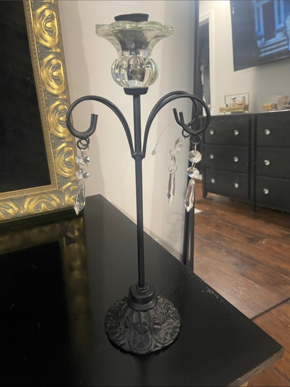 Vintage Elegant Black Metal Candle Holder with Crystal Accents, glass mold.
